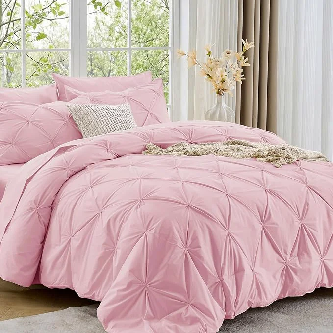 User-Friendly Sasttie Full Size Comforter Set 7-Piece Bed in a Bag Pintuck Bedding Set for All Season Includes Comforter Flat Sheet Fitted Sheet Pillowcases and Pillowshams Baby Pink Effective