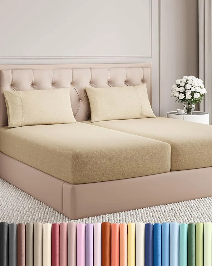 Minimalist Split King Size 5 Piece Sheet Set – Comfy Breathable amp Cooling Bed Sheets Set – Hotel Luxury Bedding for Women Men Kids Teens Boys amp Girls – Deep Pockets amp Wrinkle – Tan Heathered Sheets Stylish