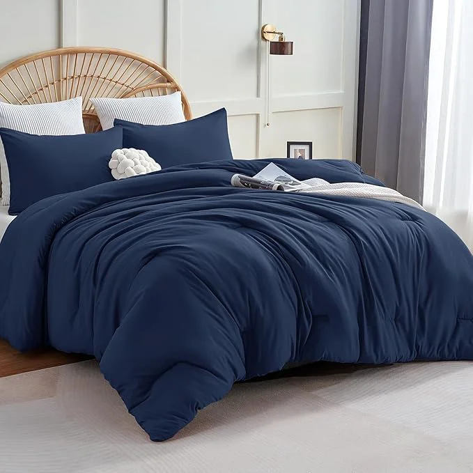 Superior CozyLux California King Comforter Set Navy Blue 3 Pieces Cal King Solid Breathable Quilted Bedding Sets All Seasons Luxury Soft Lightweight Bed Set with Down Comforter and 2 Pillowcases Reusable
