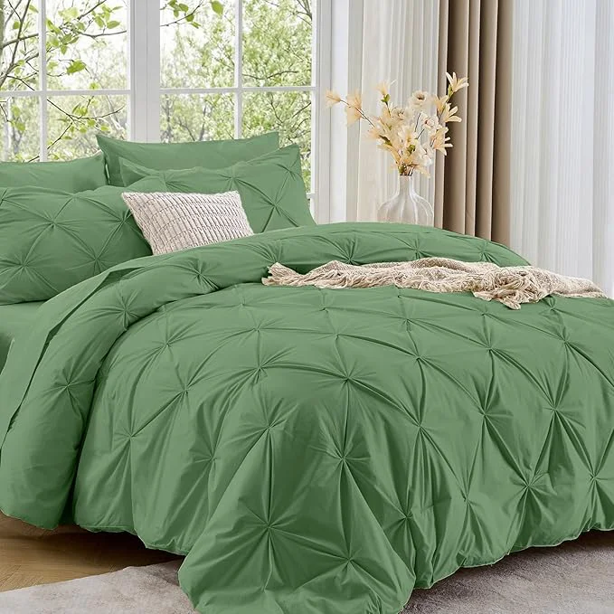Smart Sasttie Queen Comforter Set 7-Piece Bed in a Bag Pintuck Bedding Sets for All Season Includes Comforter Flat Sheet Fitted Sheet Pillowcases and Pillowshams Green Fine Crafted