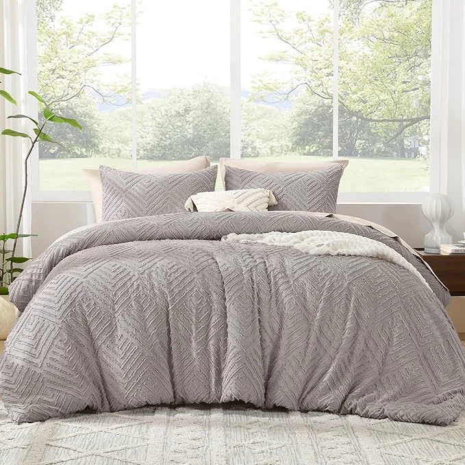 Excellent Litanika Queen Comforter Set Milk Grey 3 Pieces Cream Tufted Boho Farmhouse Bedding Comforter Sets Lightweight Fluffy Comforter Bed Set for All Season 90x90In Comforter and 2 Pillowcases Relaxed