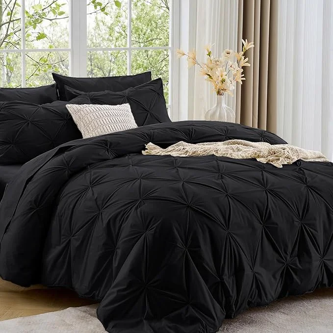 Secure Sasttie King Size Comforter Set 7-Piece Bed in a Bag Pintuck Bedding Set for All Season Includes Comforter Flat Sheet Fitted Sheet Pillowcases and Pillowshams Black Elegant
