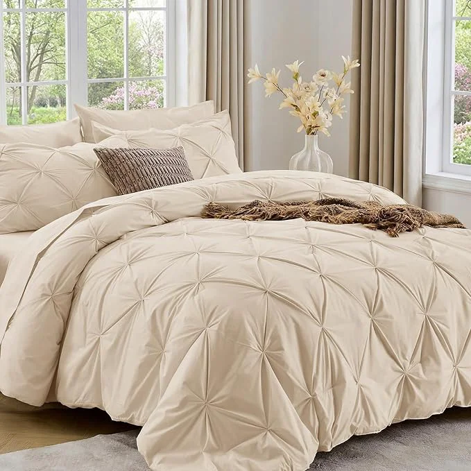 Luxury Sasttie California King Comforter Set 7-Piece Bed in a Bag Cal King Pintuck Bedding Set for All Season Includes Comforter Flat Sheet Fitted Sheet Pillowcases and Pillowshams Warm Beige Quality