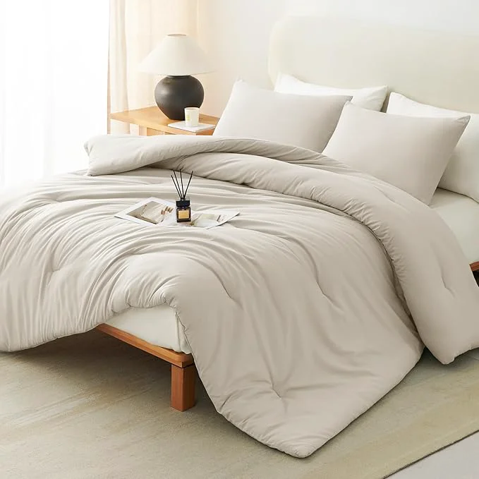 Professional CozyLux Beige Queen Comforter Set 3 Pieces Boho Solid Breathable Quilted Style Bedding Sets Luxury Fluffy Soft Bed Set with Down Comforter for All Season 1 Comforter amp 2 Pillowcases Verified