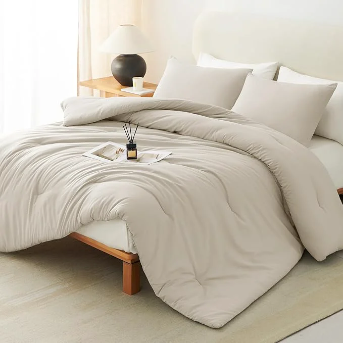 CozyLux King Size Comforter Set Oatmeal 3 Pieces Solid Comforters King Size Breathable Quilted Bedding Sets Luxury Soft Lightweight Bed Set with Down Comforter and 2 Pillowcases High-Performance
