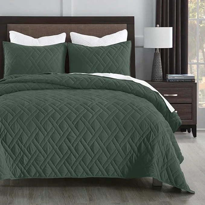 Exceptional HORIMOTE HOME Quilt Set Twin Size Dark Green Classic Geometric Diamond Stitched Pattern Ultra Soft Microfiber Lightweight Bedding Set Bedspread Coverlet for All Season with 1 Quilt 1 Pillow Sham Long-Lasting