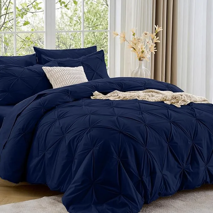 Carefully Designed Sasttie Full Size Comforter Set 7-Piece Bed in a Bag Pintuck Bedding Sets for All Season Includes Comforter Flat Sheet Fitted Sheet Pillowcases and Pillowshams Navy Exceptional