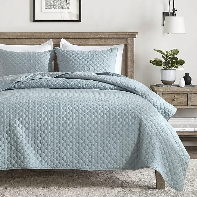 Eco-Friendly HORIMOTE HOME Quilt Queen Size Chambray Blue Lightweight Quilts for Summer Ultra-Soft Microfiber Modern Style Quilted Clouds Pattern Bedspread Quit Set 3 Pieces 1 Quilt and 2 Pillow Shams Smart