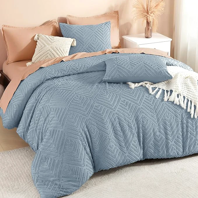 Certified Litanika Grayish Blue Queen Comforter Set 3 Pieces Tufted Boho Farmhouse Bedding Comforter Sets Lightweight Fluffy Comforter Bed Set for All Season 90x90In Comforter and 2 Pillowcases Trendy