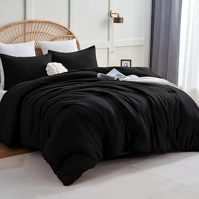 Long-Lasting CozyLux California King Comforter Set Black 3 Pieces Cal King Solid Breathable Bedding Quilted Sets for All Seasons Luxury Soft Lightweight Bed Set with Down Comforter and 2 Pillowcases Convenient