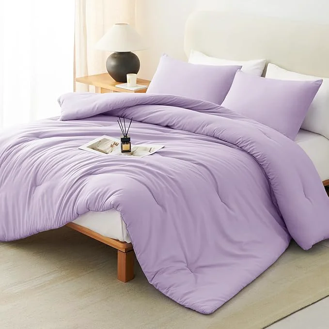 CozyLux Lavender Full Size Comforter Set 3 Pieces Light Purple Solid Breathable Quilted Boho Bedding Sets Luxury Fluffy Soft Bed Set with Down Comforter and 2 Pillowcases for All Season Reliable