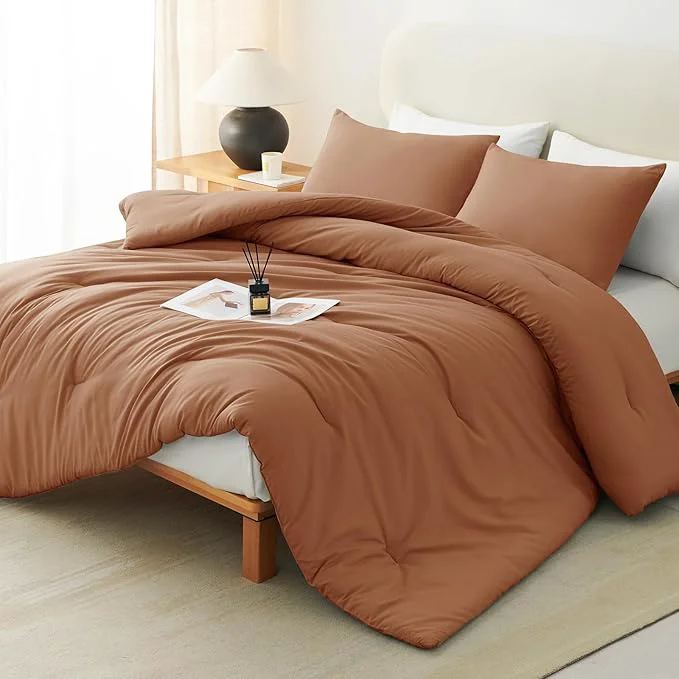 Outstanding CozyLux King Size Comforter Set Pumpkin 3 Pieces Solid Comforters King Size Breathable Quilted Bedding Sets Fall Luxury Soft Lightweight Bed Set with Down Comforter and 2 Pillowcases Smooth