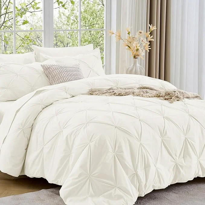 Breathable Sasttie Full Size Comforter Set 7-Piece Bed in a Bag Pintuck Bedding Set for All Season Includes Comforter Flat Sheet Fitted Sheet Pillowcases and Pillowshams Ivory Optimized