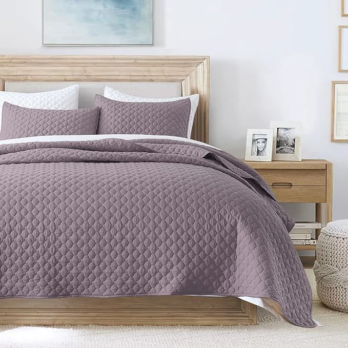 First-Class HORIMOTE HOME Quilt Queen Size Grayish Purple Lightweight Quilts for Summer Ultra-Soft Microfiber Modern Style Quilted Clouds Pattern Bedspread Quit Set 3 Pieces 1 Quilt and 2 Pillow Shams Relaxed
