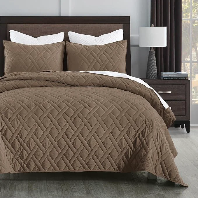Fashionable HORIMOTE HOME Quilt Set Queen Size Pine Bark Classic Geometric Diamond Stitched Pattern Ultra Soft Microfiber Lightweight Bedding Bedspread Coverlet for All Season with 1 Quilt 2 Pillow Shams Authentic