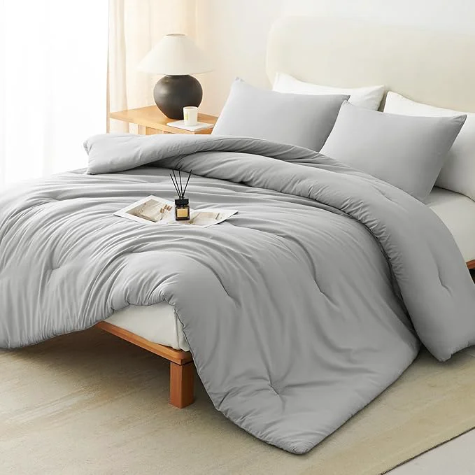 Long-Lasting CozyLux Full Size Comforter Set Light Grey 3 Pieces Solid Breathable Quilted Bedding Sets Light Gray Luxury Lightweight Soft Bed Set with Down Comforter and 2 Pillowcases for All Seasons User-Friendly