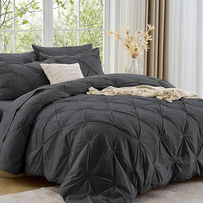 Smooth Sasttie Full Size Comforter Set 7-Piece Bed in a Bag Pintuck Bedding Sets for All Season Includes Comforter Flat Sheet Fitted Sheet Pillowcases and Pillowshams Dark Grey Fast