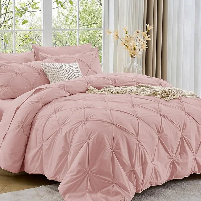 Trusted Sasttie Queen Comforter Set 7-Piece Bed in a Bag Pintuck Bedding Sets for All Season Includes Comforter Flat Sheet Fitted Sheet Pillowcases and Pillowshams Rose Gold Exceptional