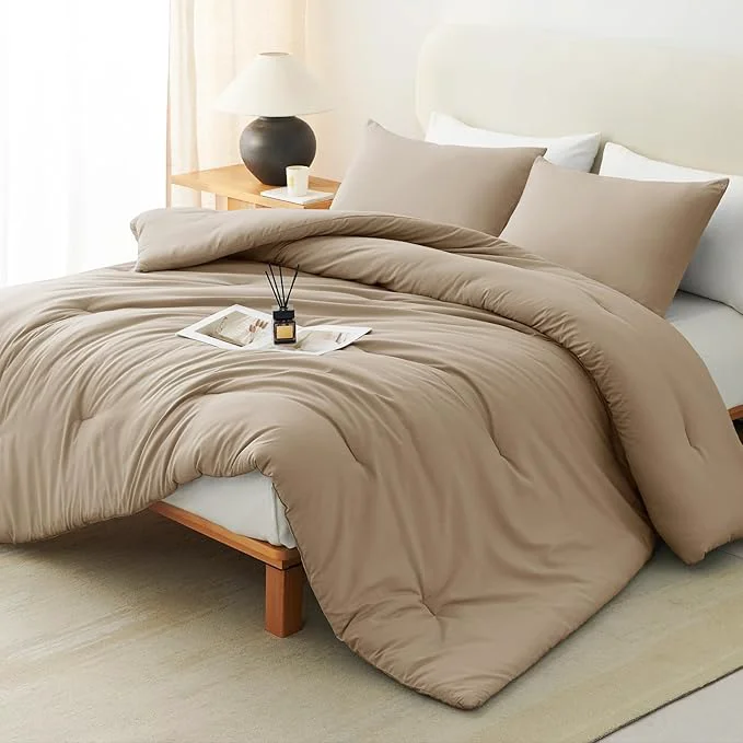 Stylish CozyLux Queen Comforter Set Taupe 3 Pieces Solid Comforters Queen Size Breathable Quilted Bedding Sets Luxury Soft Lightweight Bed Set with Down Comforter and 2 Pillowcases All Seasons Secure