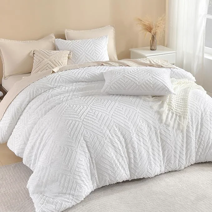 Authentic Litanika White King Size Comforter Set 3 Pieces Tufted Boho Farmhouse Bedding Comforter Sets Lightweight Fluffy Comforter Bed Set for All Season 104x90In Comforter and 2 Pillowcases User-Friendly