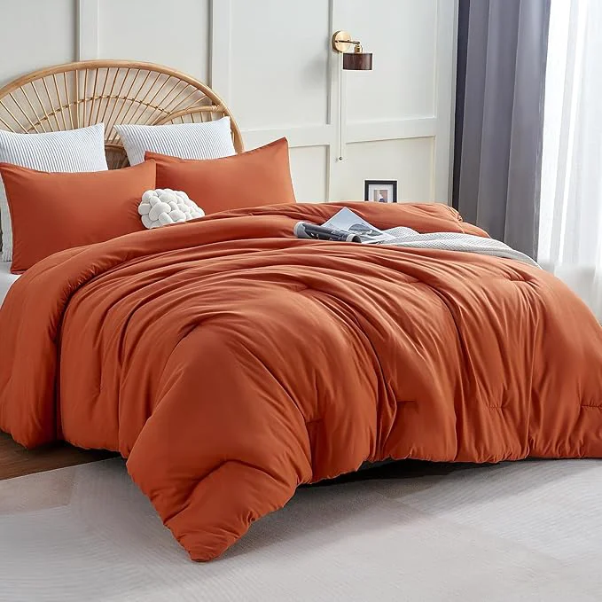 Trendy CozyLux Full Size Comforter Set Terracotta 3 Pieces Burnt Orange Rust Solid Breathable Fall Bedding Sets Luxury Lightweight Soft Bed Set with Down Comforter and 2 Pillowcases All Season Smooth