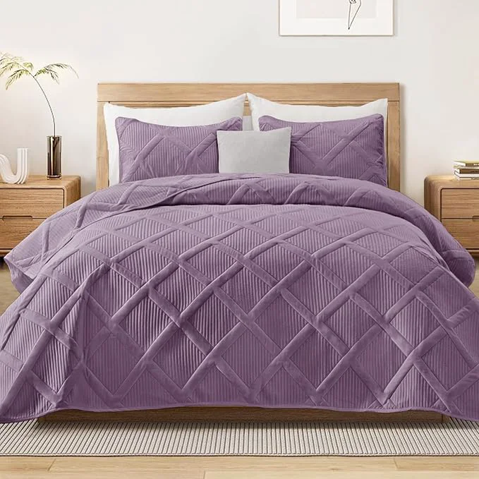 Superior Exclusivo Mezcla Quilt Set Oversized King Size 3 Pieces Dusty Lavender Cal King Quilt Bedding Set Lightweight Quilts Soft Bedspreads Modern Striped Coverlets for All Seasons Classic