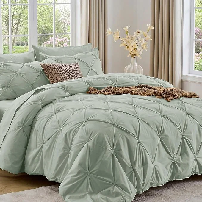 Efficient Sasttie Queen Comforter Set 7-Piece Bed in a Bag Pintuck Bedding Set for All Season Includes Comforter Flat Sheet Fitted Sheet Pillowcases and Pillowshams Dusty Green Prestigious