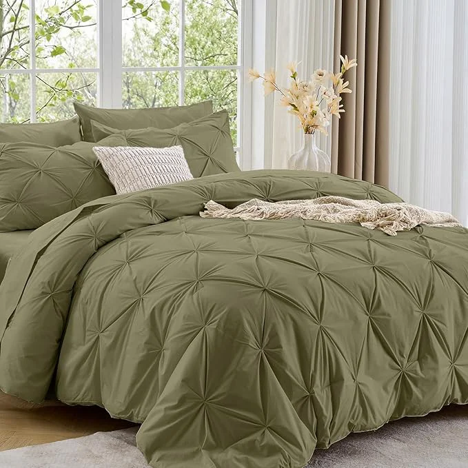Sasttie Twin XL Comforter Set 5-Piece Bed in a Bag Pintuck Bedding Sets for All Season Includes Comforter Flat Sheet Fitted Sheet Pillowcase and Pillowsham Olive Green High-Performance