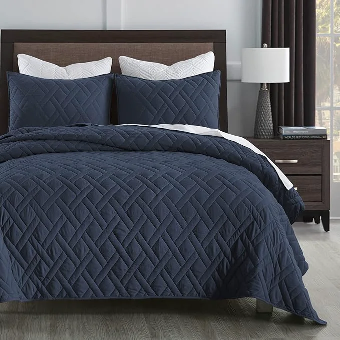 Stylish HORIMOTE HOME Quilt Set King Size Navy Blue Classic Geometric Diamond Stitched Pattern Ultra Soft Lightweight Bedspread Coverlet for All Season 3 Pieces 1 Quilt and 2 Pillow Shams Flexible
