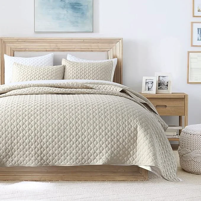 Artisan HORIMOTE HOME Quilt Set Queen Size Beige Bedspread Modern Style Quilted Clouds Pattern Soft Coverlet Set Lightweight Microfiber for All Season 3 Pieces Includes 1 Quilt and 2 Pillow Sham Practical