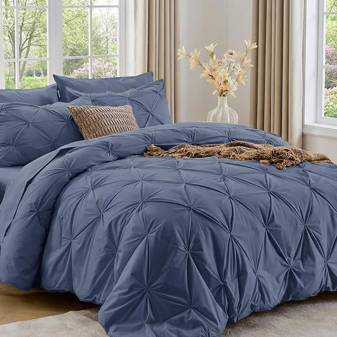 Comfortable Sasttie California King Comforter Set 7-Piece Bed in a Bag Cal King Pintuck Bedding Set for All Season Includes Comforter Flat Sheet Fitted Sheet Pillowcases and Pillowshams Indigo Blue Minimalist