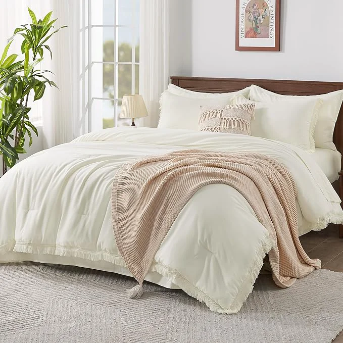 Elite Andency Oversized King Comforter Set with Sheets 128×120 Ivory – 7 Pieces Bed in a Bag Boho Soft Lightweight Bedding Sets Tassel Bed Set with Comforter Sheets Pillowcases amp Shams Solid