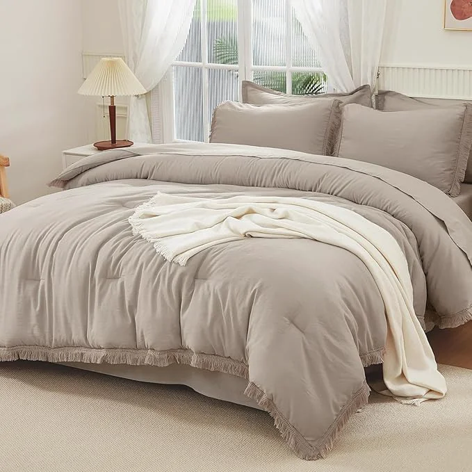 Trendy Andency Oversized King Comforter Set with Sheets 120×120 Wheat – 7 Pieces Boho Tassel Bed in a Bag Soft Lightweight Bedding Sets Fringe Bed Set with Comforter Sheets Pillowcases amp Shams Efficient