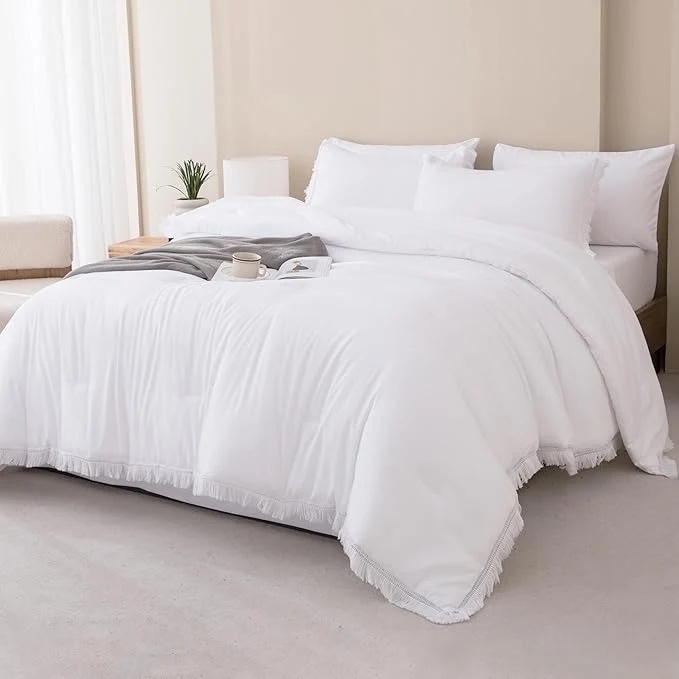 Enhanced Andency White Comforter Set King Size with Sheets -7 Pieces Boho Tassel Bed in a Bag Soft Lightweight Bedding Sets All Season Fringe Bed Set with Comforter Sheets Pillowcases amp Shams Official