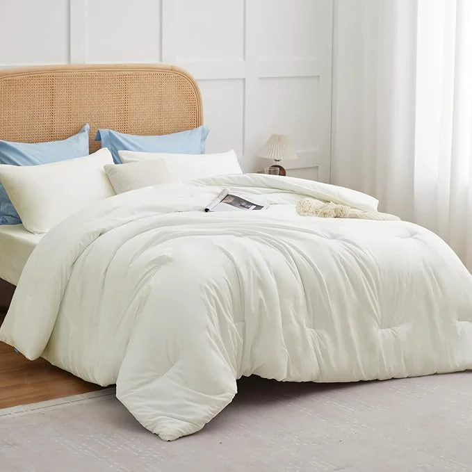 Casual CozyLux Full Size Comforter Set Ivory 3 Pieces Solid Breathable Quilted Bedding Sets Luxury Lightweight Soft Bed Set with Down Comforter and 2 Pillowcases for All Seasons Exclusive
