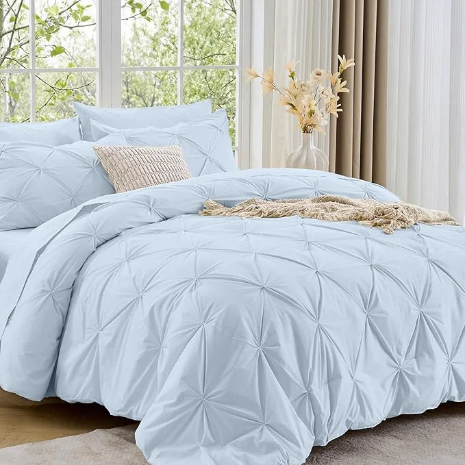 Artisan Sasttie Twin Comforter Set 5-Piece Bed in a Bag Pintuck Bedding Sets for All Season Includes Comforter Flat Sheet Fitted Sheet Pillowcase and Pillowsham Light Blue Premium