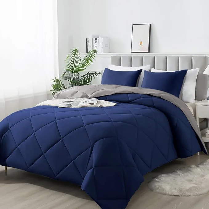 Genuine 3-Piece King Comforter Set All-Season Soft amp Hypoallergenic amp Breathable Bedding Polyester Quilted Down Comforter 1 amp Pillowcases 2 Dark Gray Dark Blue Lightweight