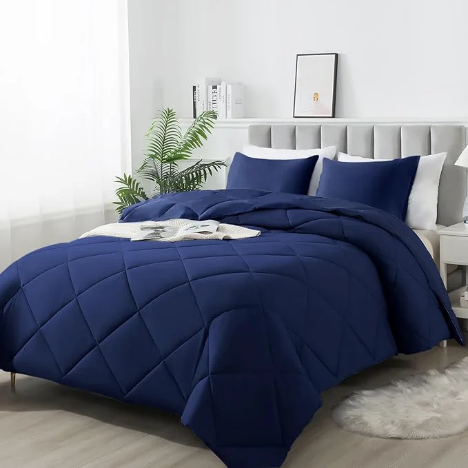 First-Class 3-Piece Queen Comforter Set All-Season Soft amp Hypoallergenic amp Breathable Bedding Polyester Quilted Down Comforter 1 amp Pillowcases 2 Dark Blue Trendy