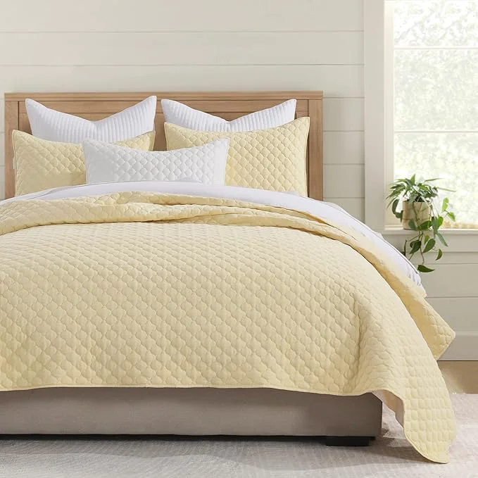 Solid HORIMOTE HOME Quilt Twin Size Light Yellow Lightweight Quilt for Summer Ultra-Soft Microfiber Modern Style Quilted Clouds Pattern Bedspread Quit Set 2 Pieces 1 Quilt and 1 Pillow Sham Organic