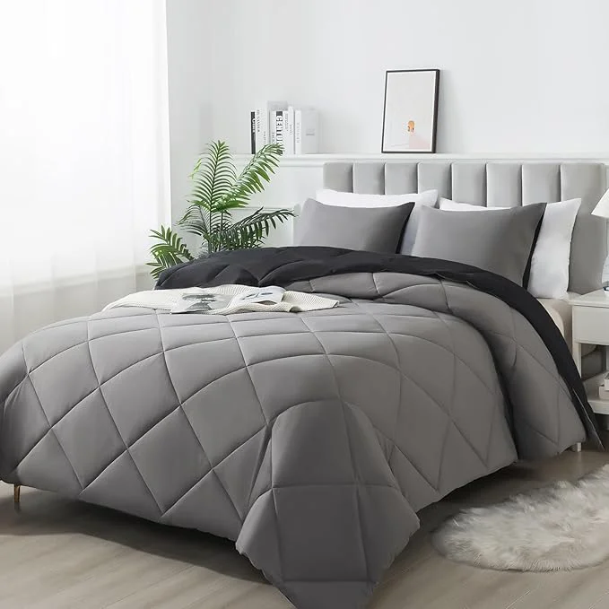 Contemporary 3-Piece King Comforter Set All-Season Soft amp Hypoallergenic amp Breathable Bedding Polyester Quilted Down Comforter 1 amp Pillowcases 2 Black Dark Gray Original Design