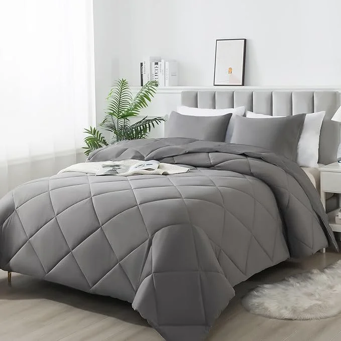 Convenient 3-Piece Queen Comforter Set All-Season Soft amp Hypoallergenic amp Breathable Bedding Polyester Quilted Down Comforter 1 amp Pillowcases 2 Dark Gray High-End
