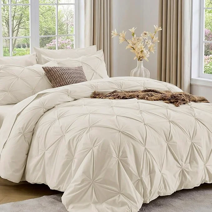 Premium Sasttie California King Comforter Set 7-Piece Bed in a Bag Cal King Pintuck Bedding Set for All Season Includes Comforter Flat Sheet Fitted Sheet Pillowcases and Pillowshams Beige Green