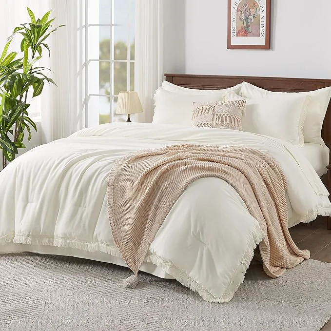 Original Andency Ivory Queen Size Comforter Set with Sheets – 7 Pieces Boho Tassel Bed in a Bag Soft Lightweight Bedding Sets Ivory Fringe Bed Set with Comforter Sheets Pillowcases amp Shams Top-Quality
