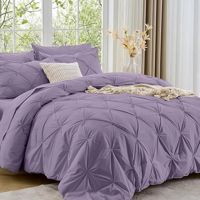 High-Quality Sasttie Queen Comforter Set 7-Piece Bed in a Bag Pintuck Bedding Sets for All Season Includes Comforter Flat Sheet Fitted Sheet Pillowcases and Pillowshams New Purple Premium