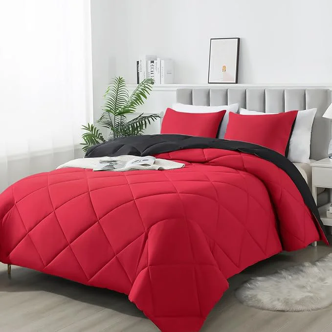 World-Class 3-Piece Queen Comforter Set All-Season Soft amp Hypoallergenic amp Breathable Bedding Polyester Quilted Down Comforter 1 amp Pillowcases 2 Black Bright Red Convenient