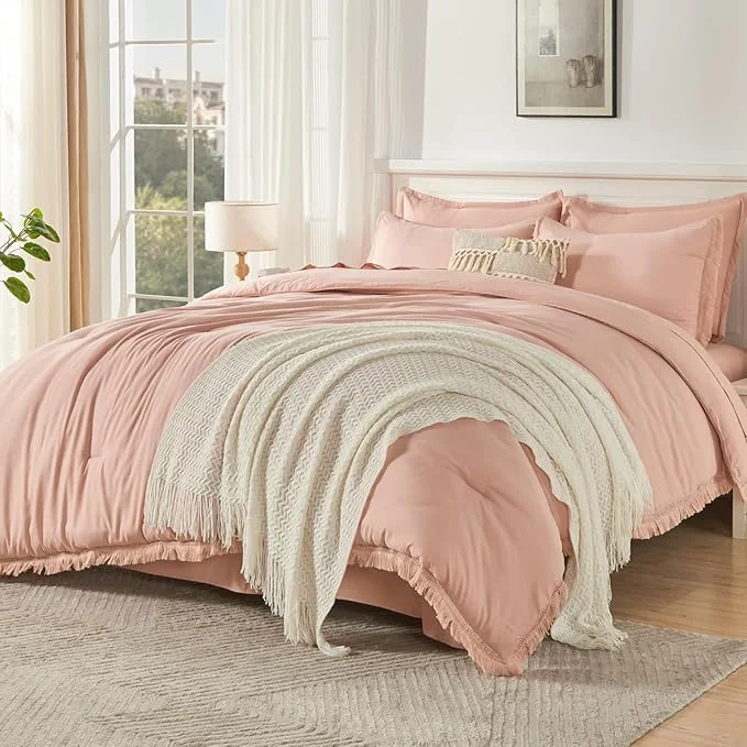Unique Andency Oversized King Comforter Set with Sheets 128×120 Pink – 7 Pieces Bed in a Bag Boho Soft Lightweight Bedding Sets Tassel Bed Set with Comforter Sheets Pillowcases amp Shams Authentic