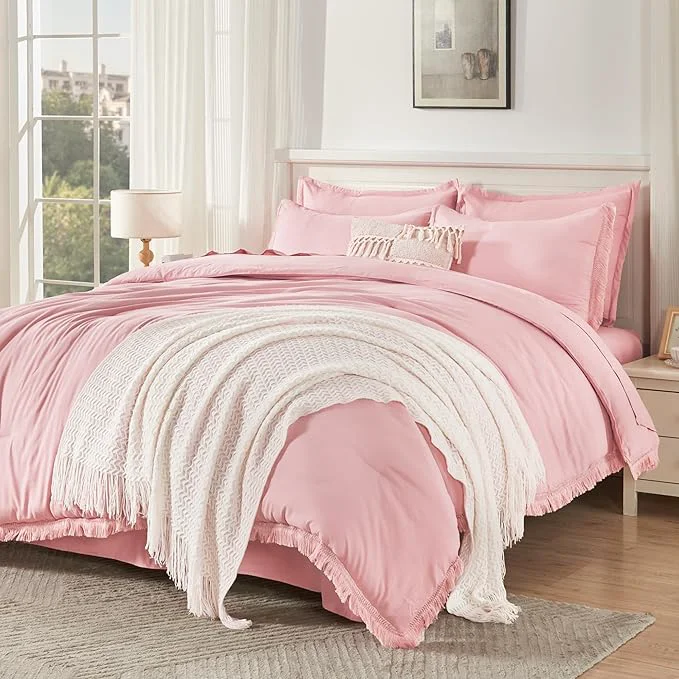 Genuine Andency California King Size Comforter Set with Sheets Light Pink – 7 Pieces Cal King Bed in a Bag Boho Bedding Sets Bed Set with Comforter Sheets Pillowcases amp Shams Functional