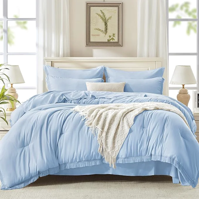 Long-Lasting Andency Full Size Comforter Set Light Blue -7 Pieces Boho Tassel Bed in a Bag Soft Lightweight Bedding Sets Fringe All Season Bed Set with Comforter Sheets Pillowcases amp Shams Outstanding