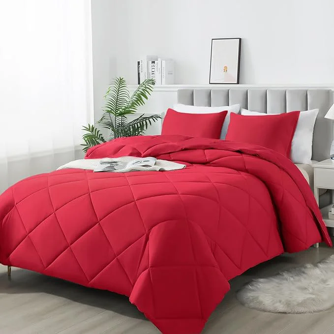 Lightweight 3-Piece King Comforter Set All-Season Soft amp Hypoallergenic amp Breathable Bedding Polyester Quilted Down Comforter 1 amp Pillowcases 2 Bright Red Safe