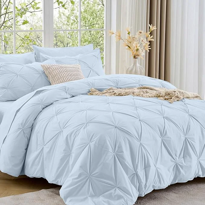 Relaxed Sasttie King Size Comforter Set 7-Piece Bed in a Bag Pintuck Bedding Sets for All Season Includes Comforter Flat Sheet Fitted Sheet Pillowcases and Pillowshams Light Blue Detailed